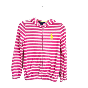 POLO Ralph Lauren pink white stripe big pony terry cloth hoodie L 12-14